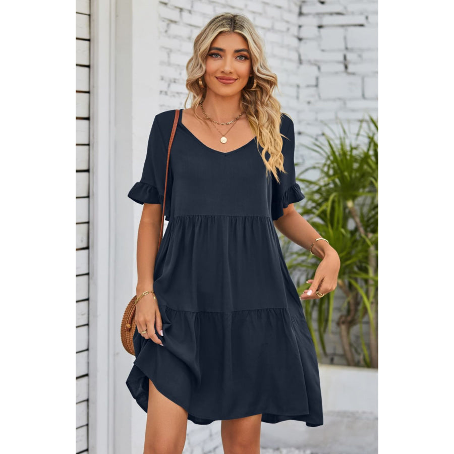 Mandy V-Neck Flounce Sleeve Tiered Dress Dark Blue / S Apparel and Accessories