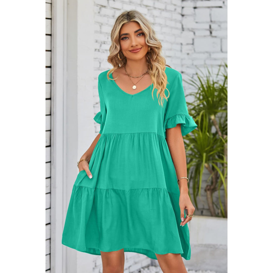 Mandy V-Neck Flounce Sleeve Tiered Dress Green / S Apparel and Accessories