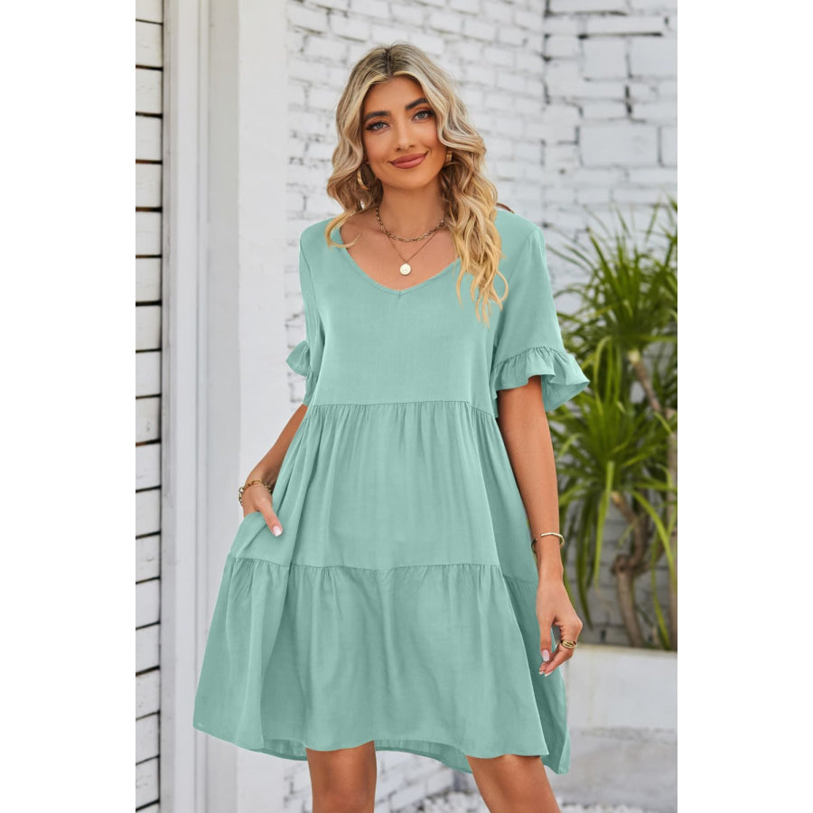 Mandy V-Neck Flounce Sleeve Tiered Dress Light Green / S Apparel and Accessories