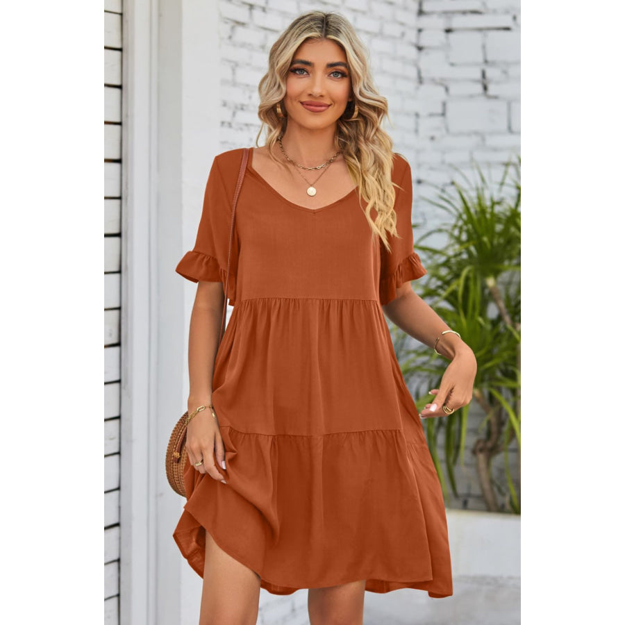 Mandy V-Neck Flounce Sleeve Tiered Dress Rust / S Apparel and Accessories