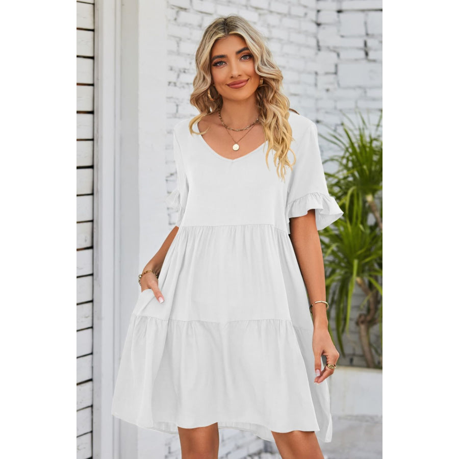 Mandy V-Neck Flounce Sleeve Tiered Dress White / S Apparel and Accessories