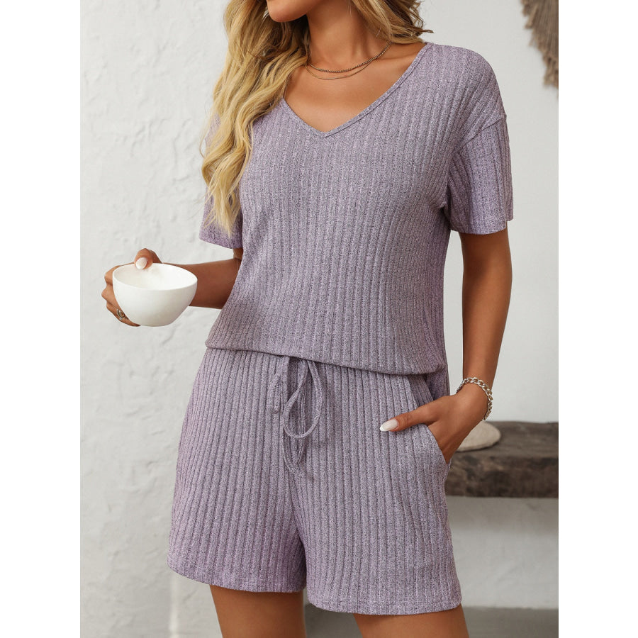 Mandy V-Neck Short Sleeve Top and Shorts Set Lilac / S Apparel and Accessories