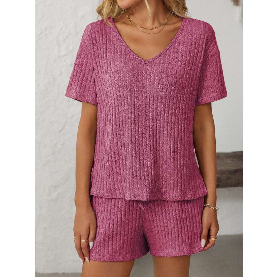 Mandy V-Neck Short Sleeve Top and Shorts Set Red-Violet / S Apparel and Accessories