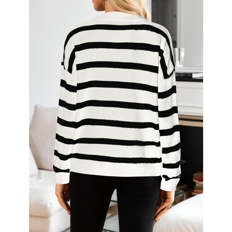 Many Striped Johnny Collar Long Sleeve Sweater Apparel and Accessories