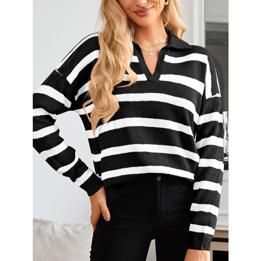 Many Striped Johnny Collar Long Sleeve Sweater Apparel and Accessories