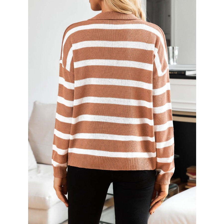 Many Striped Johnny Collar Long Sleeve Sweater Apparel and Accessories