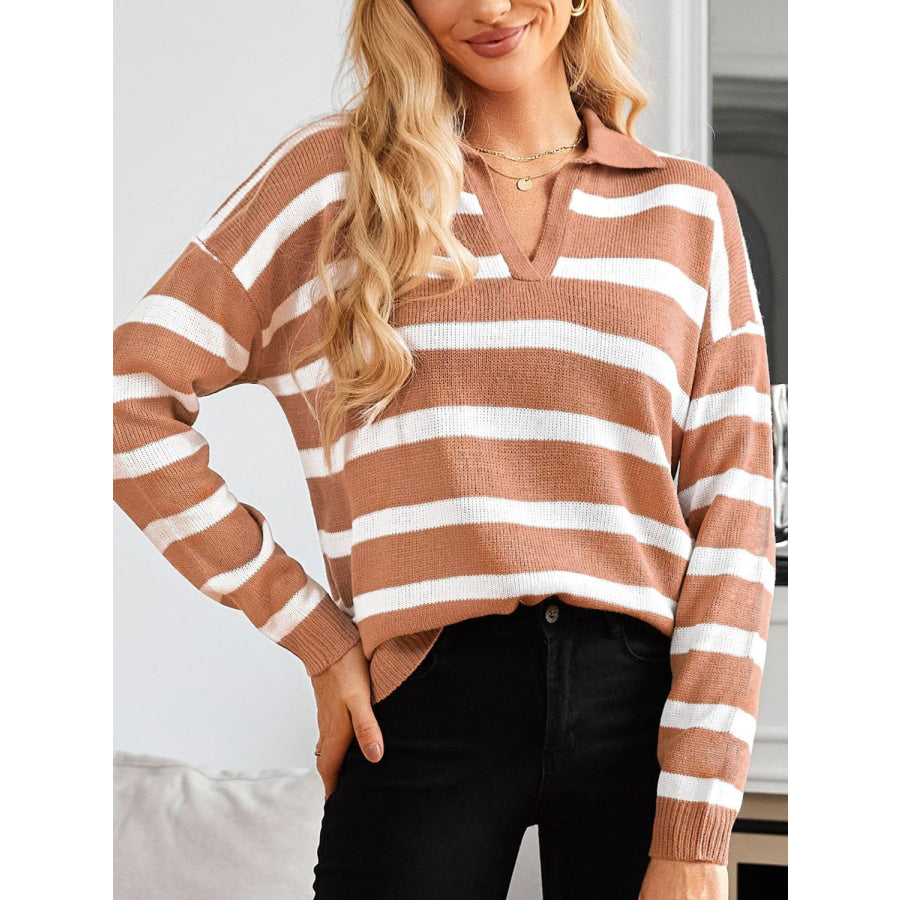 Many Striped Johnny Collar Long Sleeve Sweater Apparel and Accessories