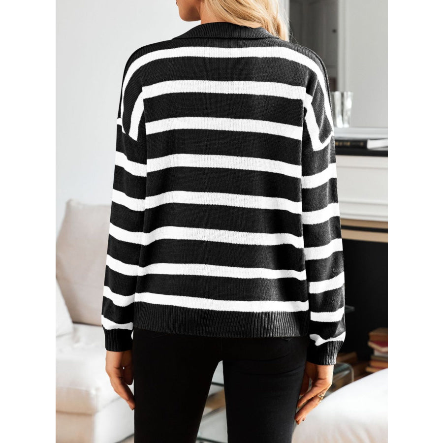 Many Striped Johnny Collar Long Sleeve Sweater Apparel and Accessories