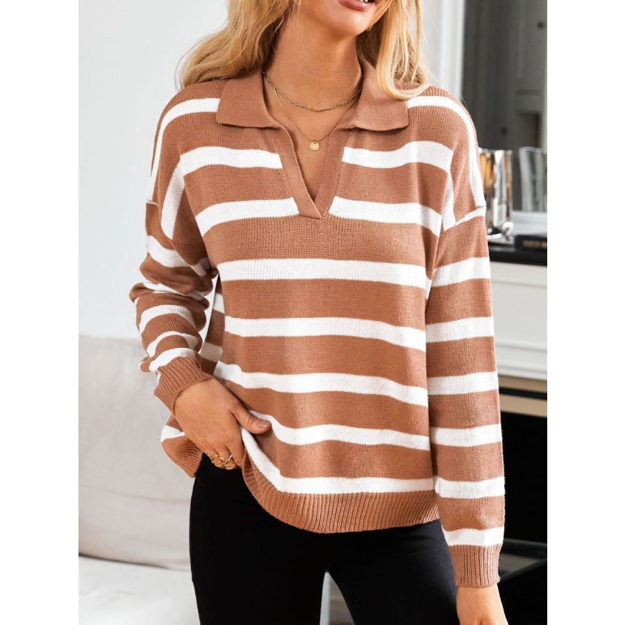 Many Striped Johnny Collar Long Sleeve Sweater Apparel and Accessories