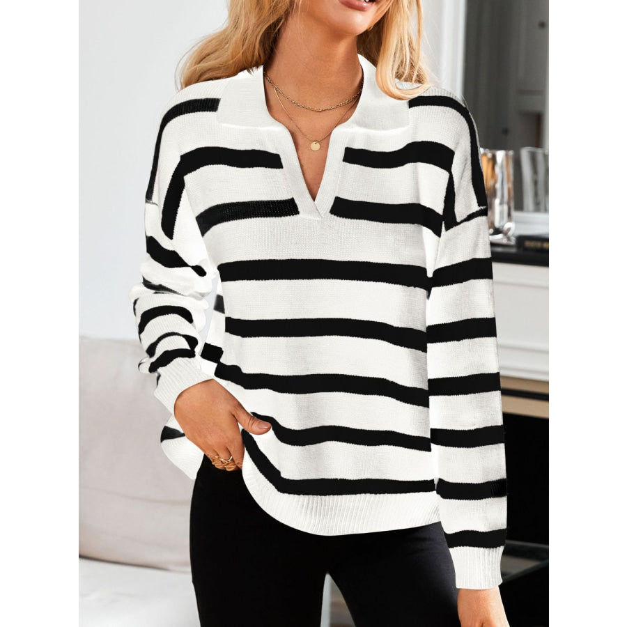 Many Striped Johnny Collar Long Sleeve Sweater Apparel and Accessories