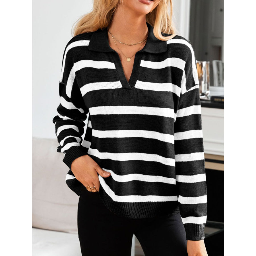 Many Striped Johnny Collar Long Sleeve Sweater Black / S Apparel and Accessories