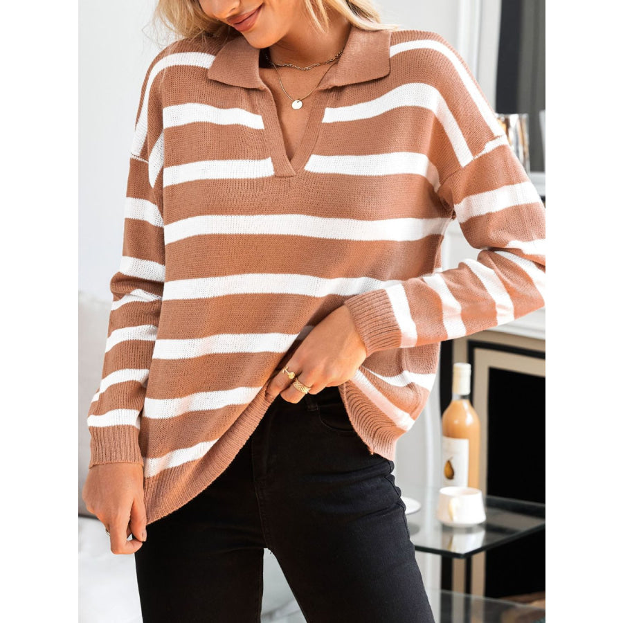 Many Striped Johnny Collar Long Sleeve Sweater Caramel / S Apparel and Accessories