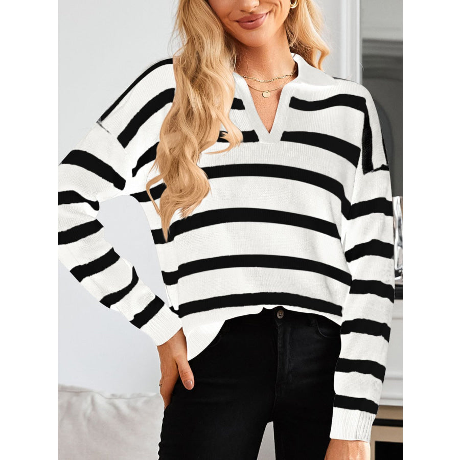 Many Striped Johnny Collar Long Sleeve Sweater White / S Apparel and Accessories