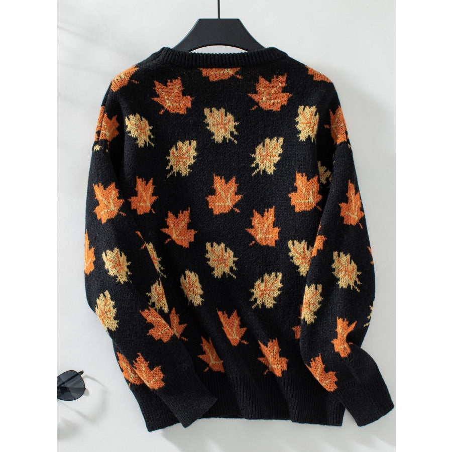 Maple Leaf Round Neck Long Sleeve Sweater Apparel and Accessories