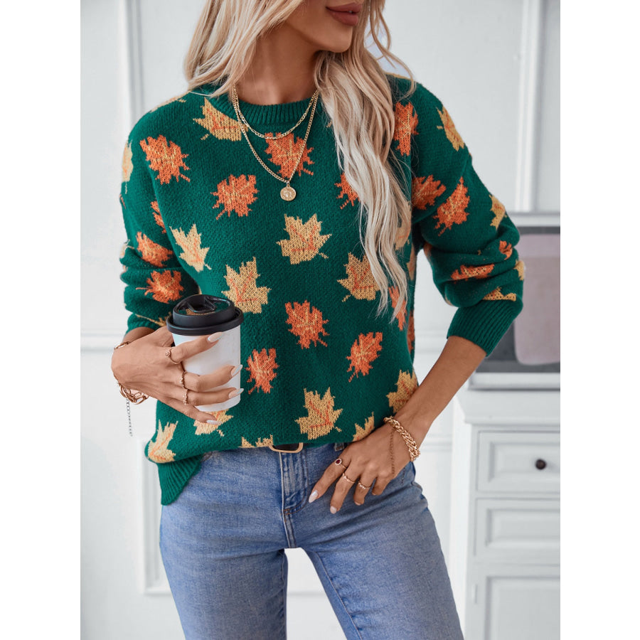 Maple Leaf Round Neck Long Sleeve Sweater Apparel and Accessories