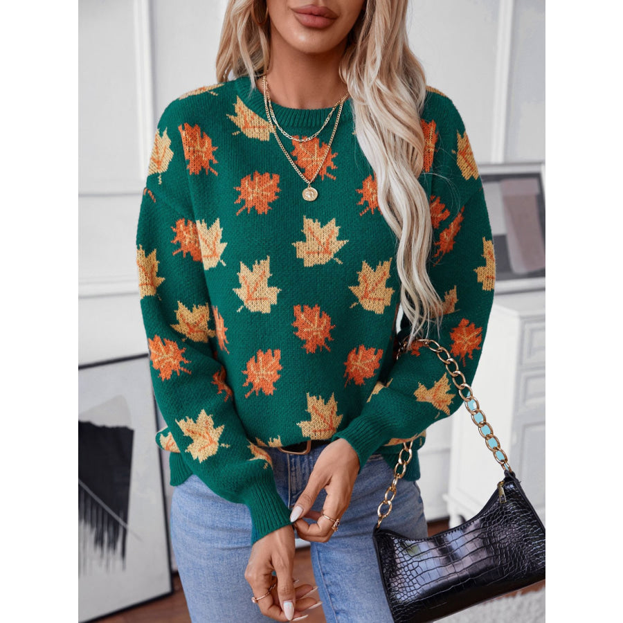 Maple Leaf Round Neck Long Sleeve Sweater Apparel and Accessories