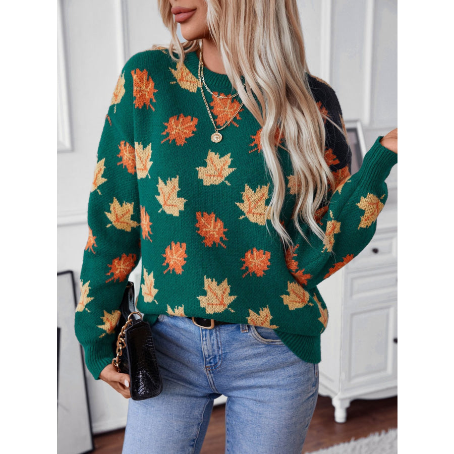 Maple Leaf Round Neck Long Sleeve Sweater Apparel and Accessories