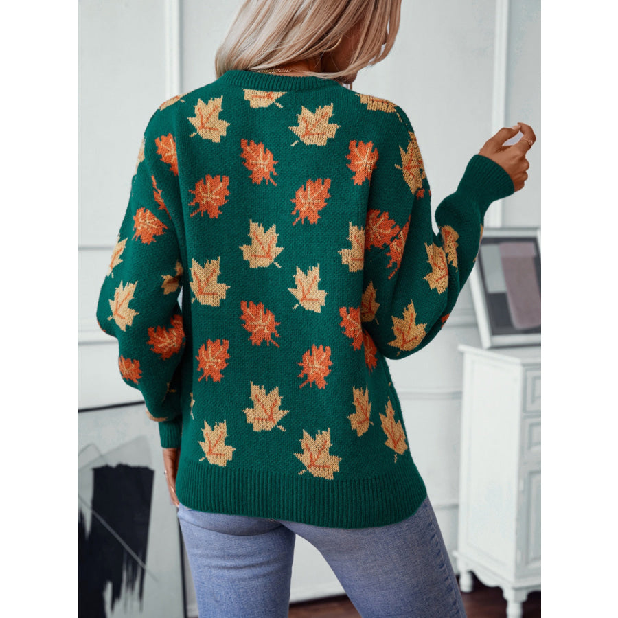 Maple Leaf Round Neck Long Sleeve Sweater Apparel and Accessories