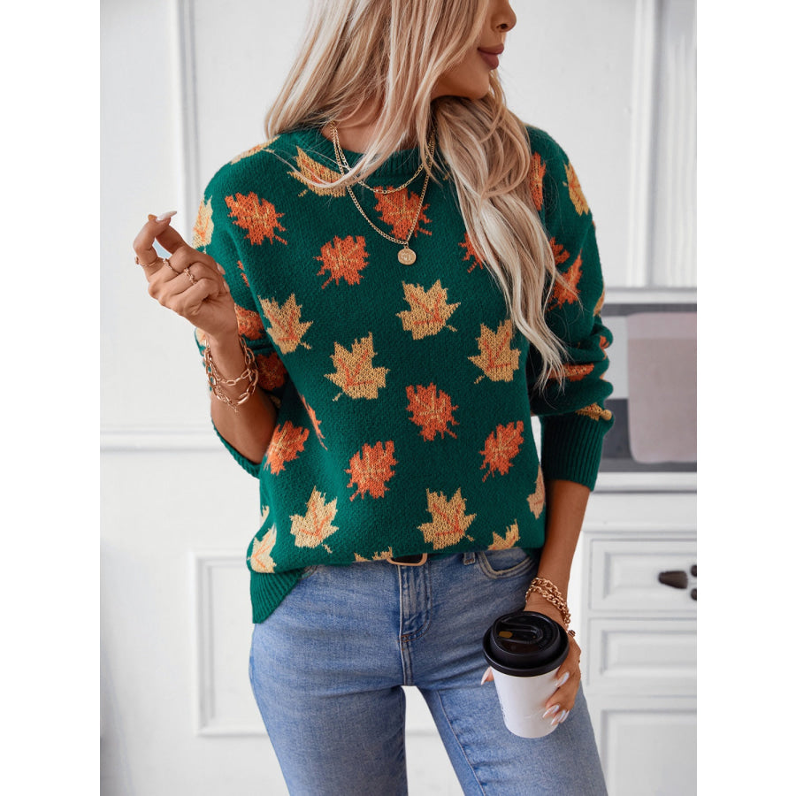 Maple Leaf Round Neck Long Sleeve Sweater Apparel and Accessories