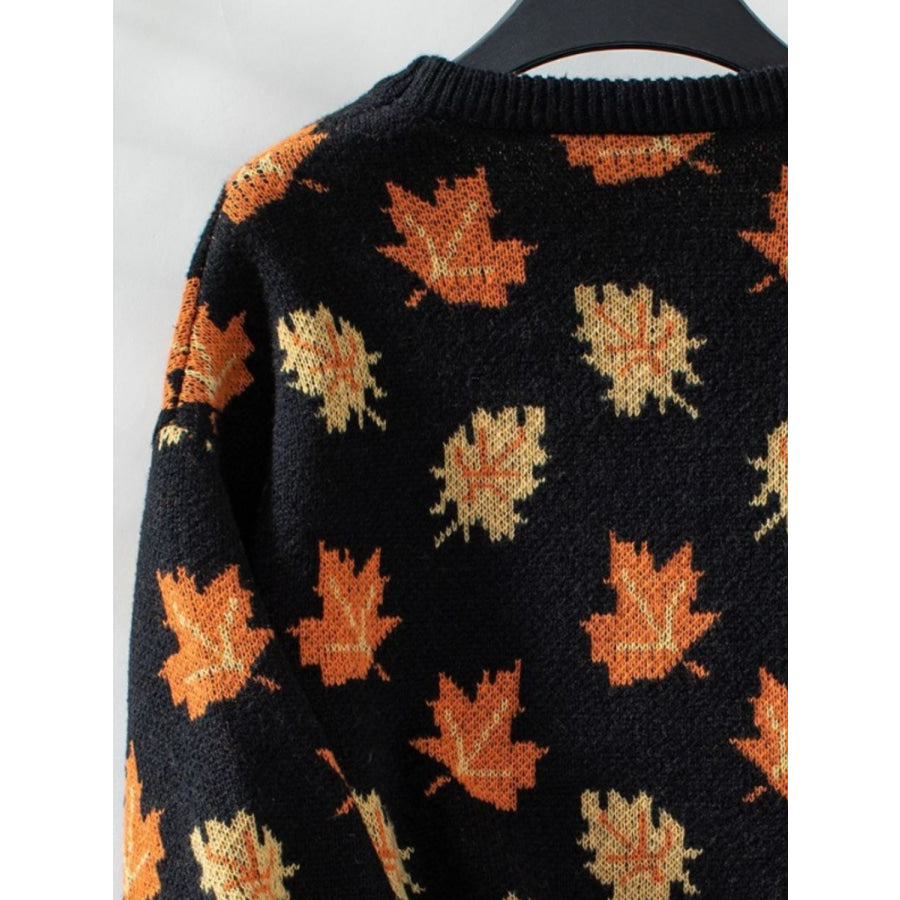 Maple Leaf Round Neck Long Sleeve Sweater Apparel and Accessories