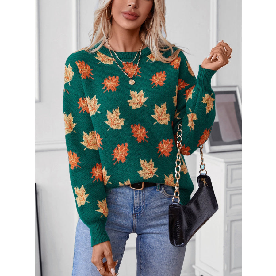 Maple Leaf Round Neck Long Sleeve Sweater Apparel and Accessories