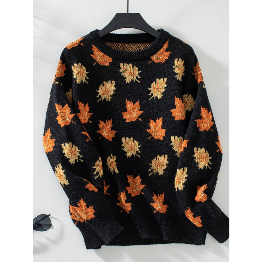 Maple Leaf Round Neck Long Sleeve Sweater Black / S Apparel and Accessories