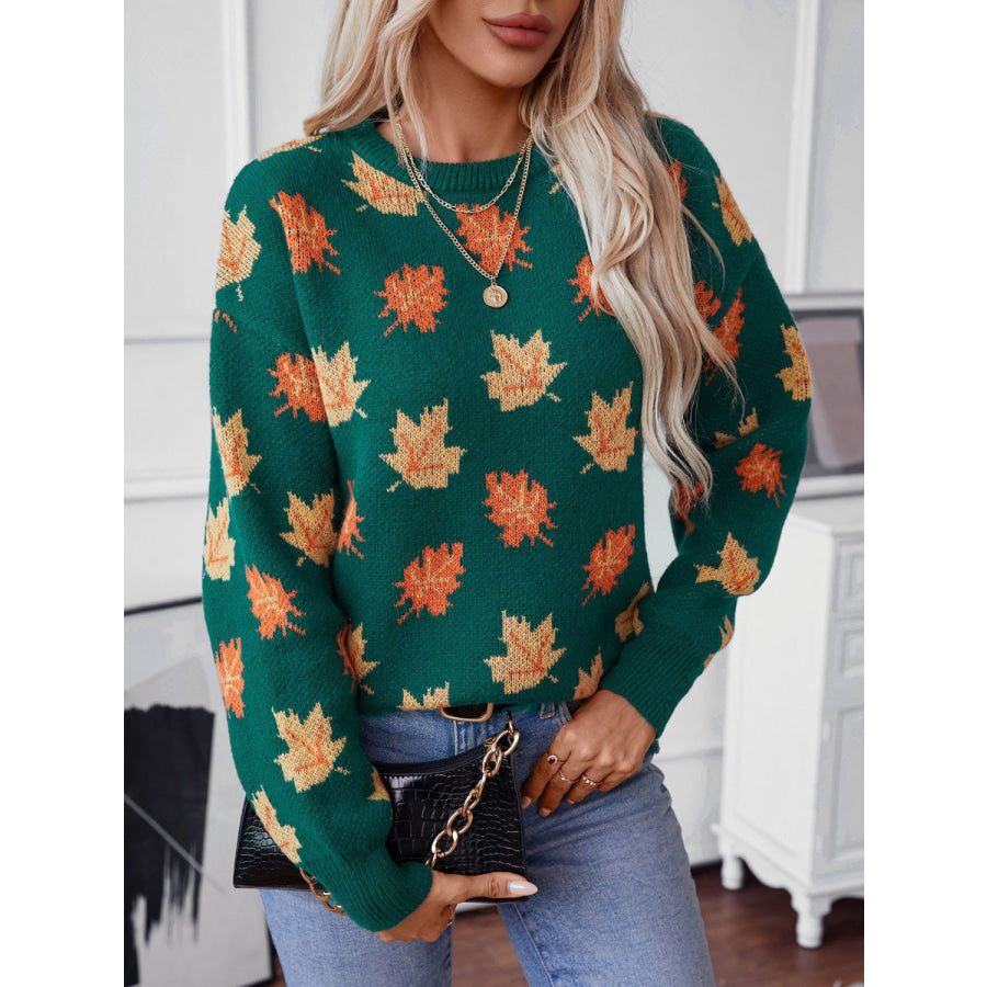 Maple Leaf Round Neck Long Sleeve Sweater French Blue / S Apparel and Accessories