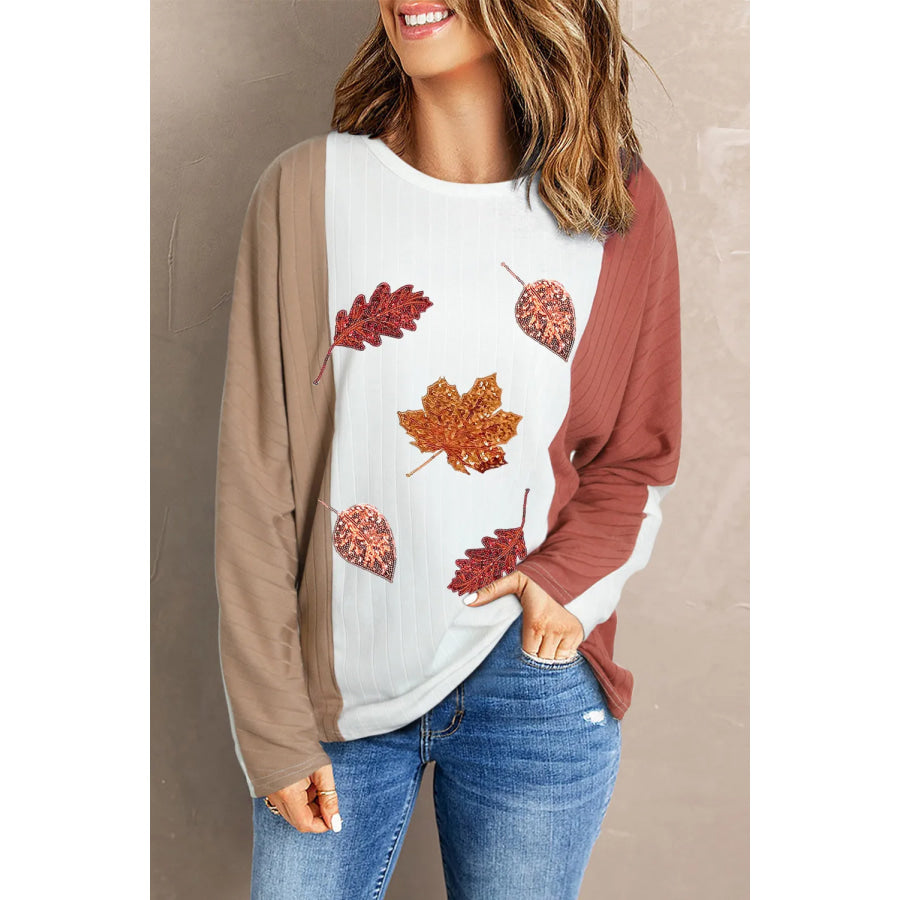 Maple Leaf Round Neck Long Sleeve T-Shirt White / S Apparel and Accessories