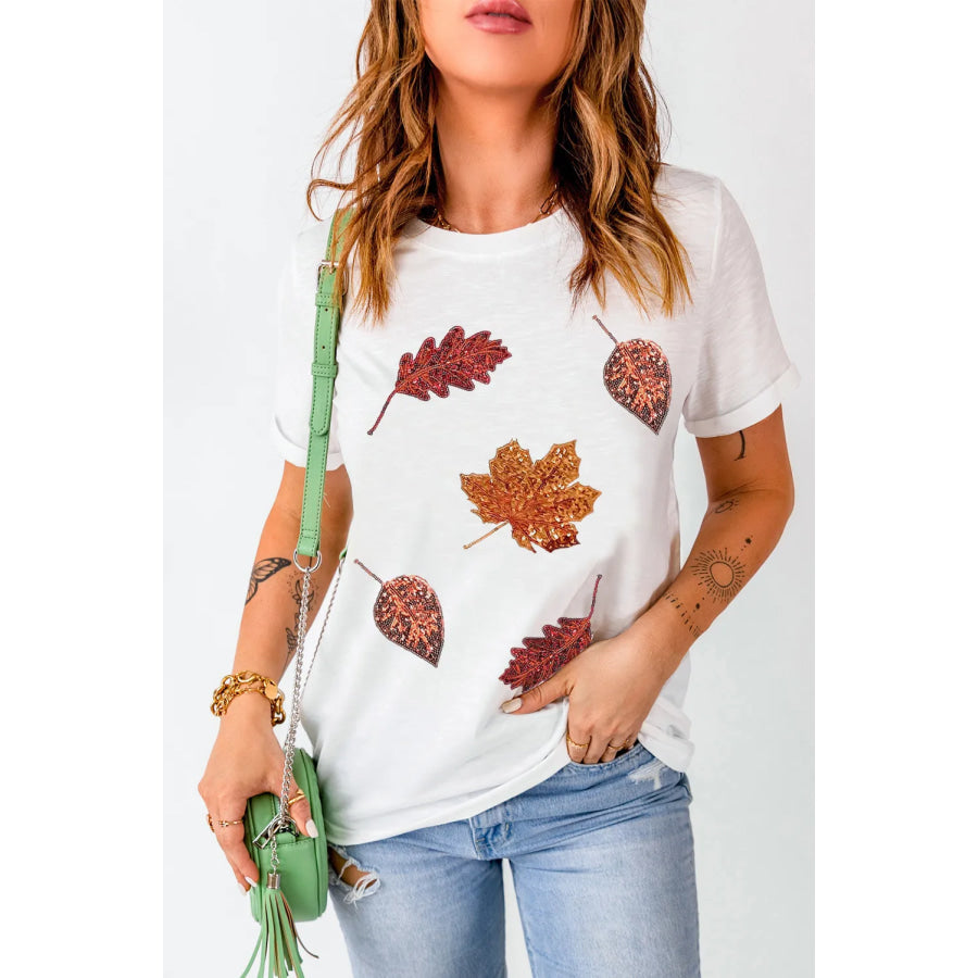 Maple Leaf Round Neck Short Sleeve T-Shirt White / S Apparel and Accessories