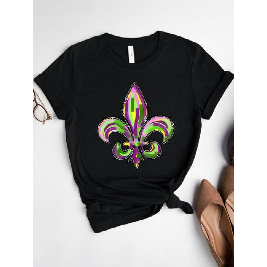 Mardi Gras Graphic Round Neck Short Sleeve T - Shirt Black / S Apparel and Accessories