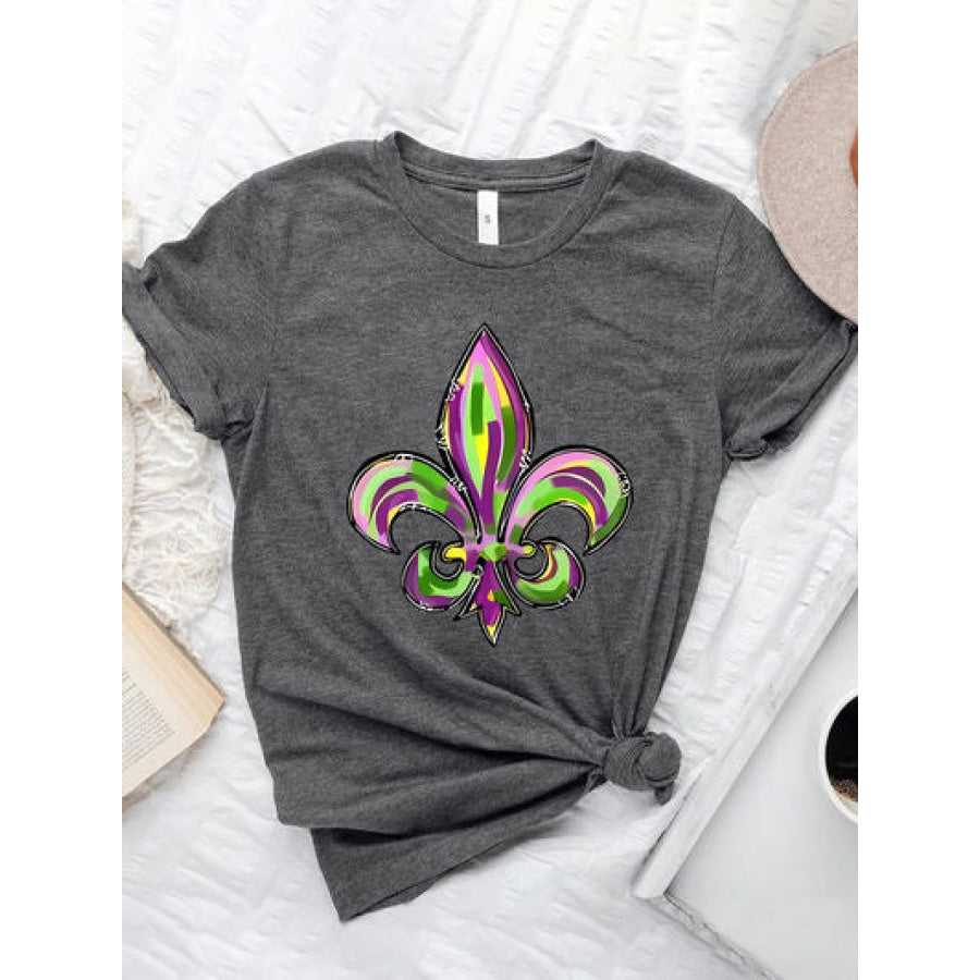 Mardi Gras Graphic Round Neck Short Sleeve T - Shirt Charcoal / S Apparel and Accessories