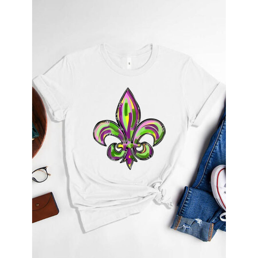 Mardi Gras Graphic Round Neck Short Sleeve T - Shirt White / S Apparel and Accessories