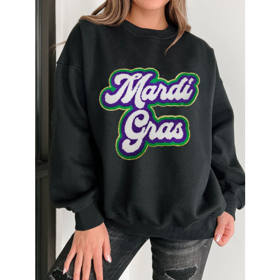 MARDI GRAS Round Neck Drop Shoulder Sweatshirt Black / S Apparel and Accessories