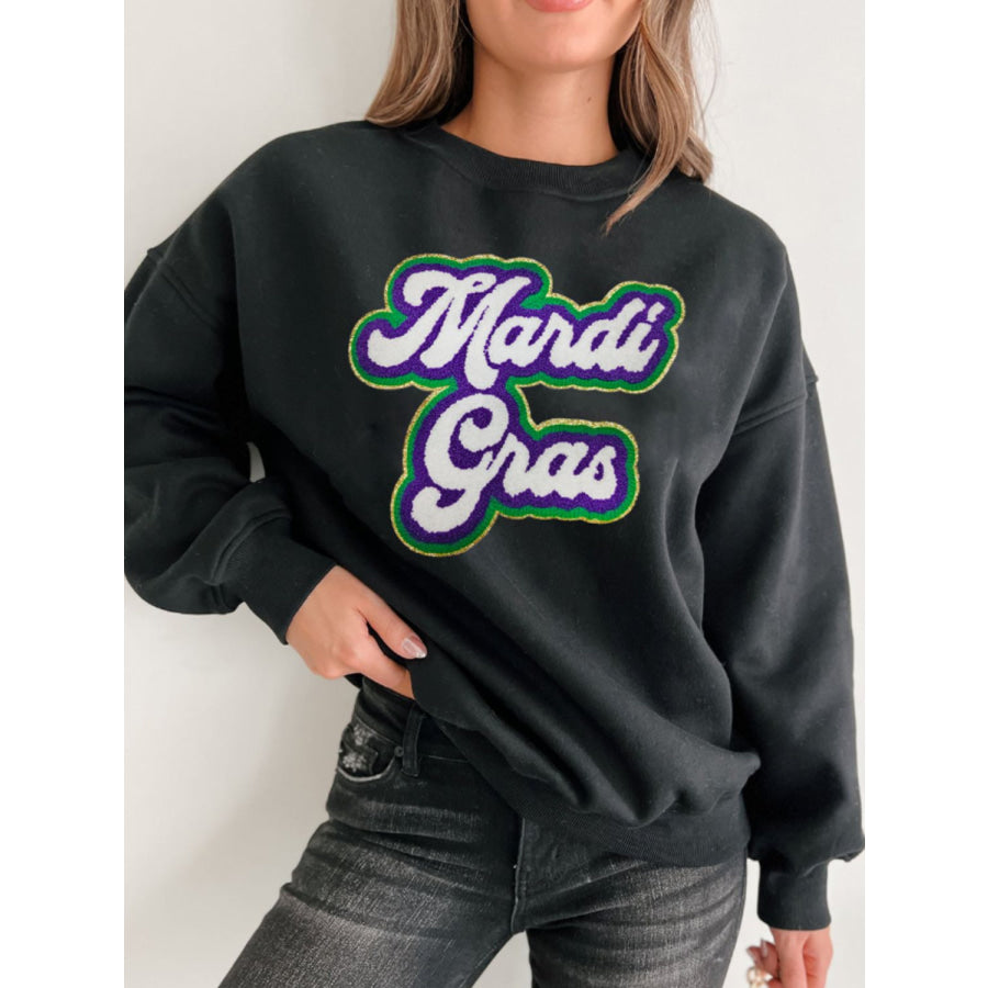 MARDI GRAS Round Neck Drop Shoulder Sweatshirt Black / S Apparel and Accessories