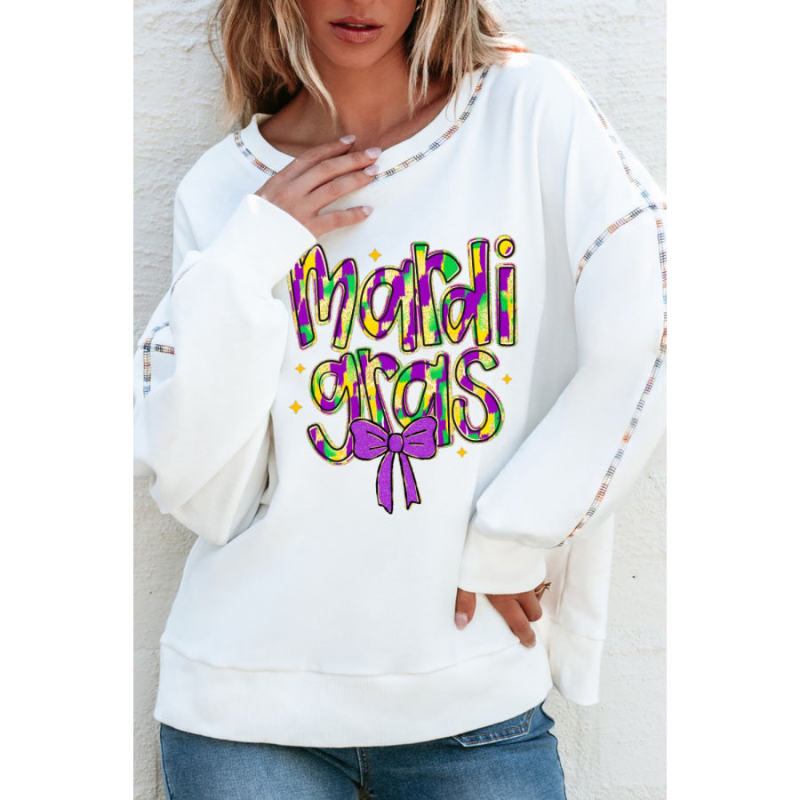 MARDI GRAS Round Neck Long Sleeve Sweatshirt White / S Apparel and Accessories