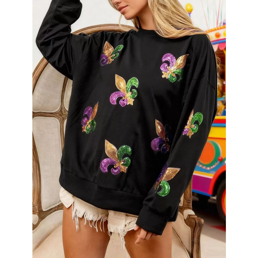 Mardi Gras Sequin Crew Neck Sweatshirt Black / S Apparel and Accessories