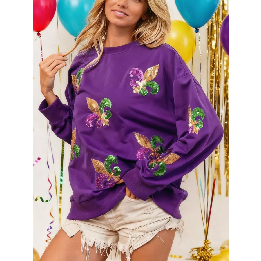 Mardi Gras Sequin Crew Neck Sweatshirt Purple / S Apparel and Accessories