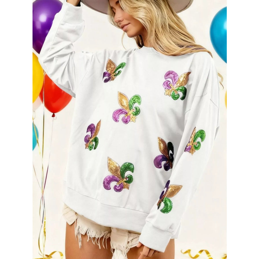 Mardi Gras Sequin Crew Neck Sweatshirt White / S Apparel and Accessories