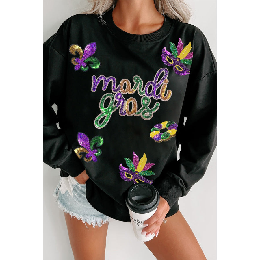 MARDI GRAS Sequin Round Neck Sweatshirt Black / S Apparel and Accessories