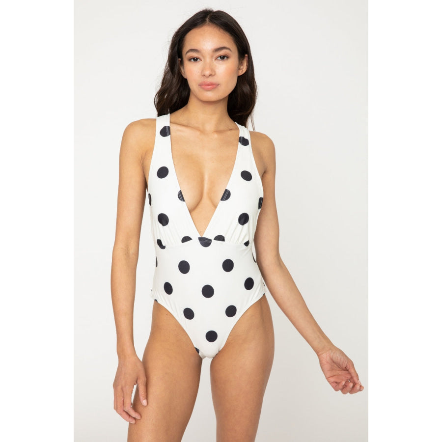 Marina West Swim Beachy Keen Polka Dot Tied Plunge One-Piece Swimsuit Ivory / S Apparel and Accessories
