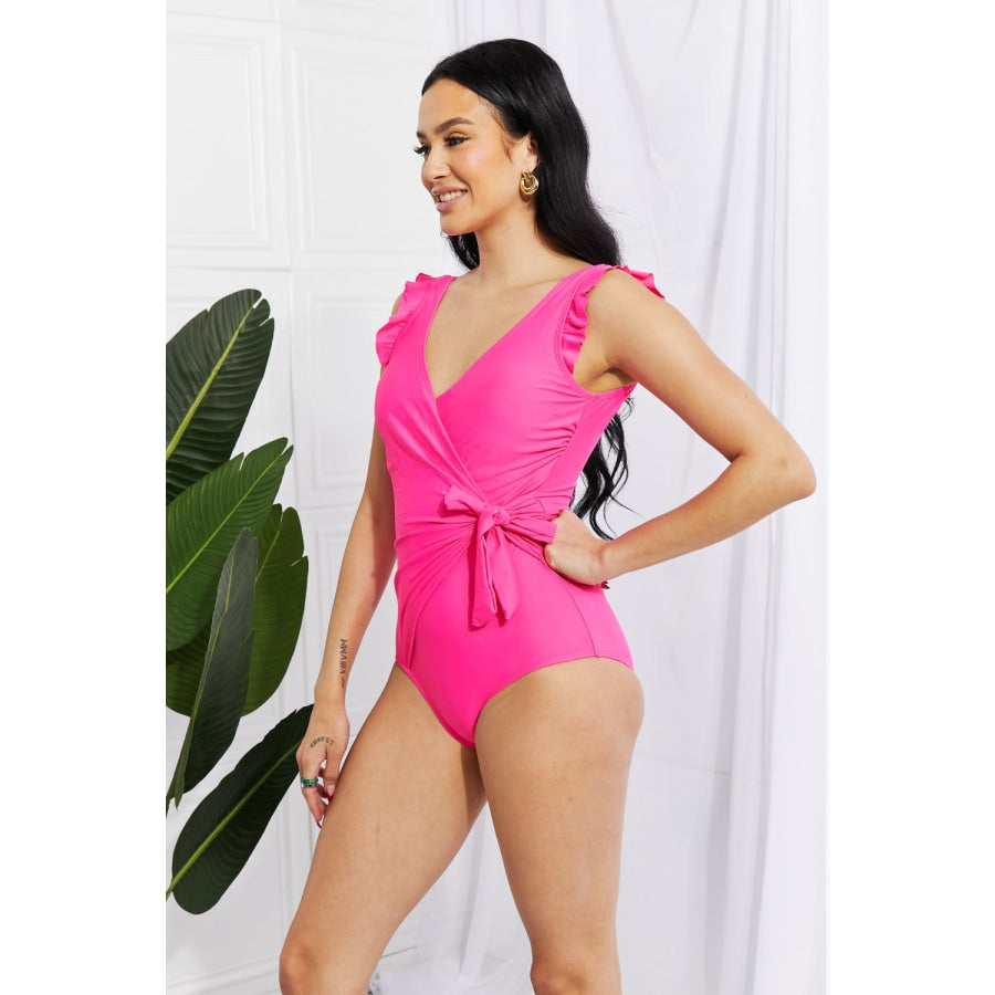 Marina West Swim Full Size Float On Ruffle Faux Wrap One-Piece in Pink