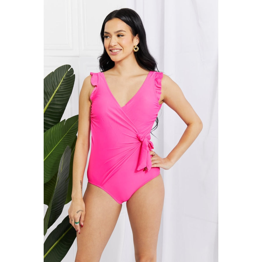 Marina West Swim Full Size Float On Ruffle Faux Wrap One-Piece in Pink