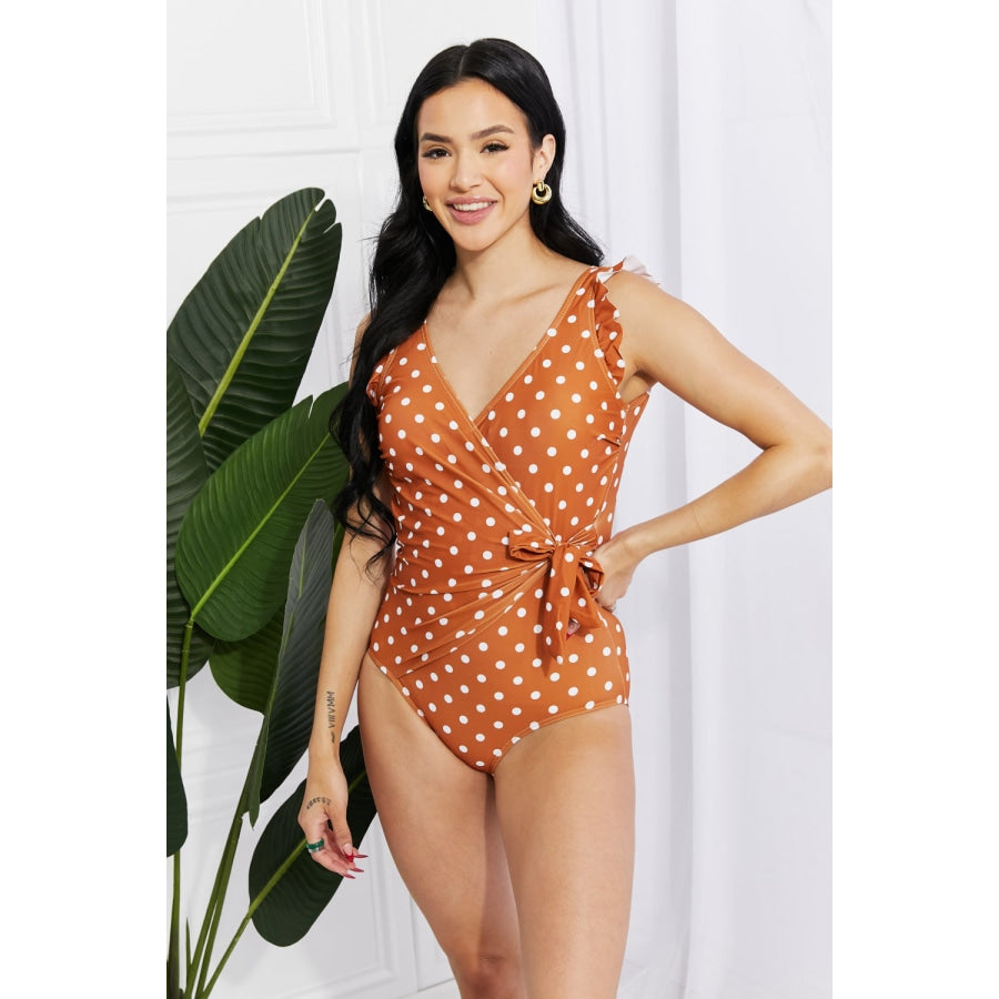 Marina West Swim Full Size Float On Ruffle Faux Wrap One-Piece in Terracotta Terracotta / S