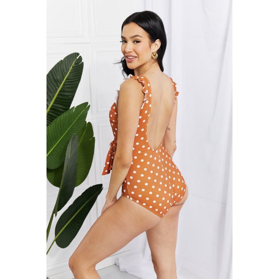 Marina West Swim Full Size Float On Ruffle Faux Wrap One-Piece in Terracotta