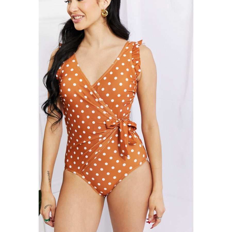 Marina West Swim Full Size Float On Ruffle Faux Wrap One-Piece in Terracotta