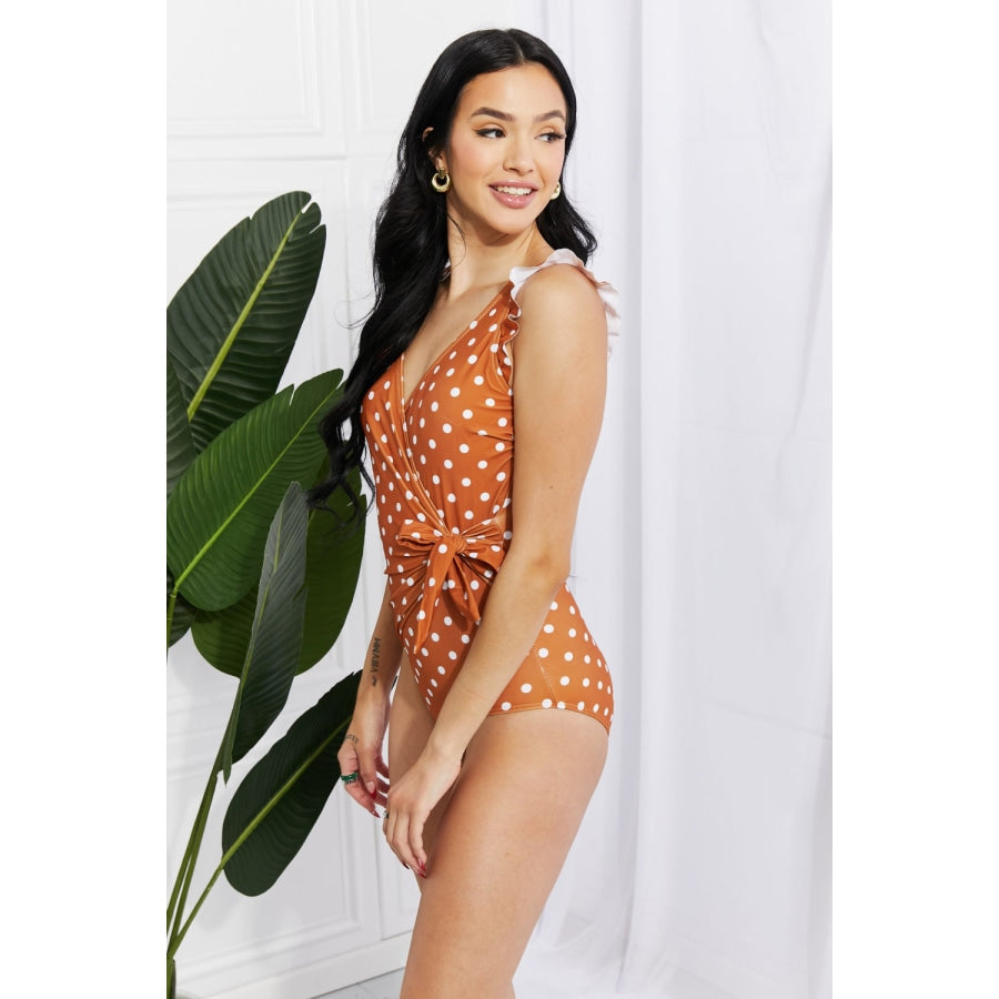 Marina West Swim Full Size Float On Ruffle Faux Wrap One-Piece in Terracotta