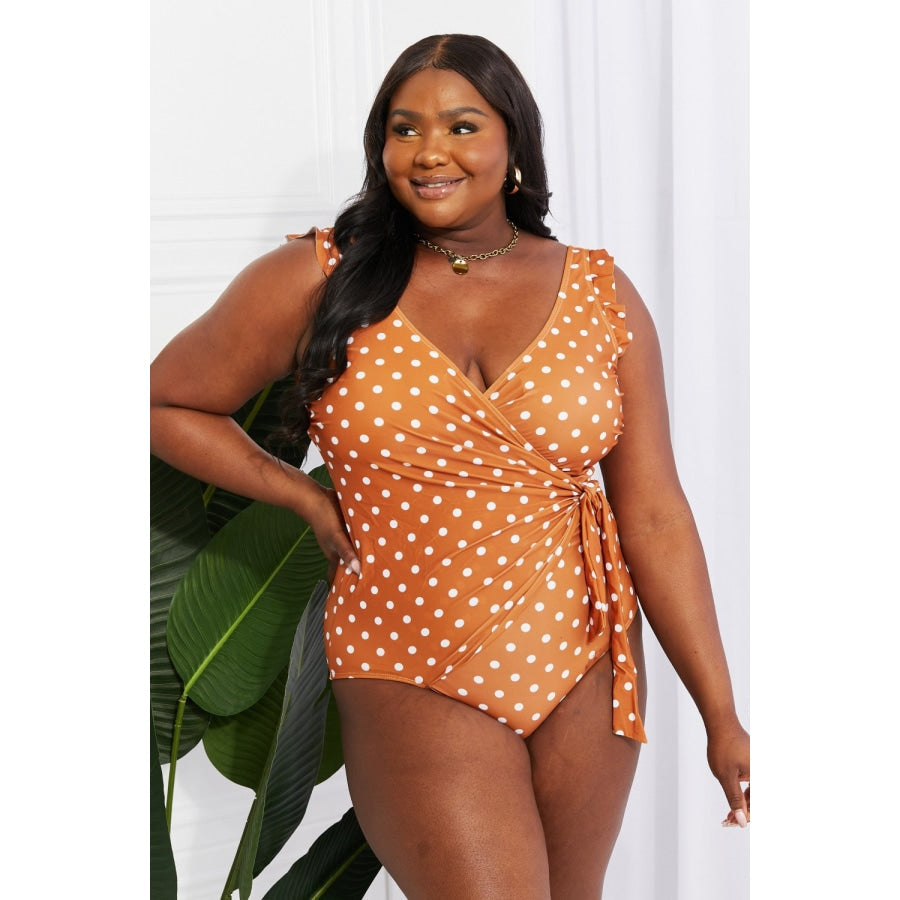 Marina West Swim Full Size Float On Ruffle Faux Wrap One-Piece in Terracotta