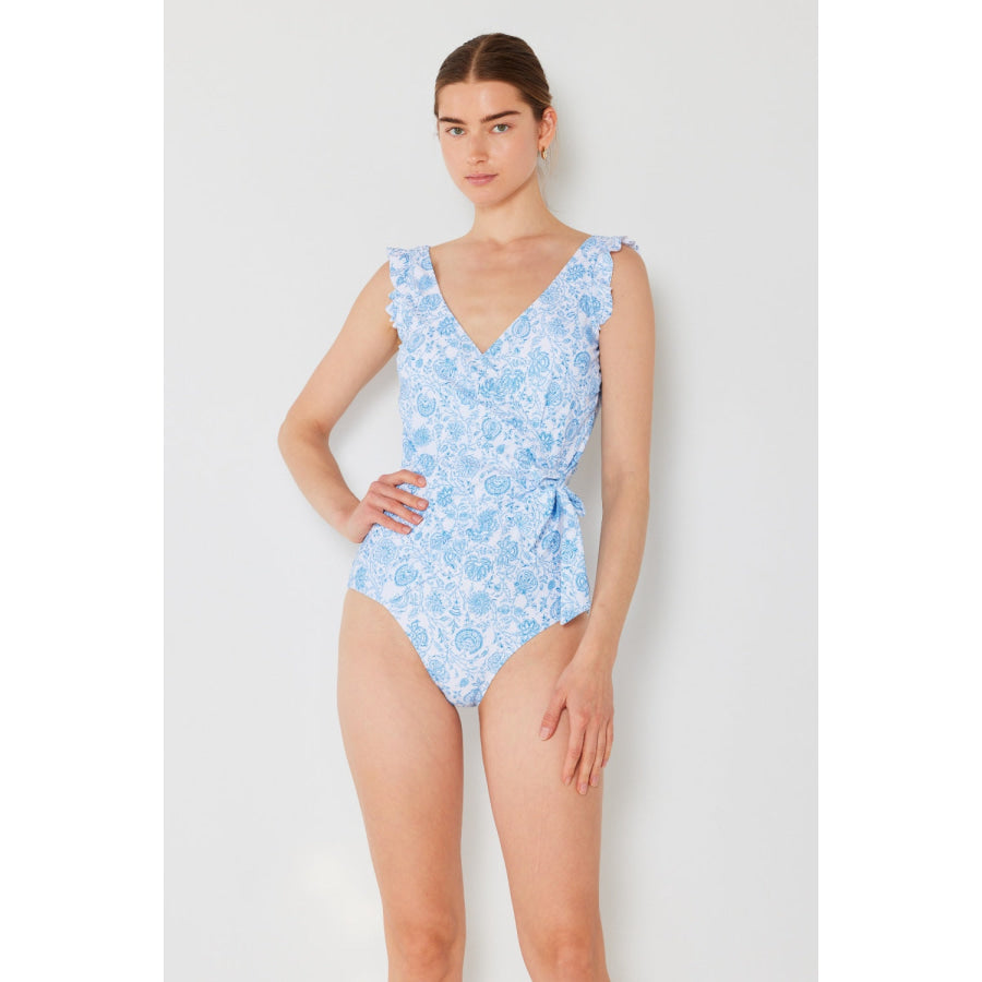 Marina West Swim Full Size Float Ruffle Faux Wrap One-Piece Swimsuit Blue / S Apparel and Accessories