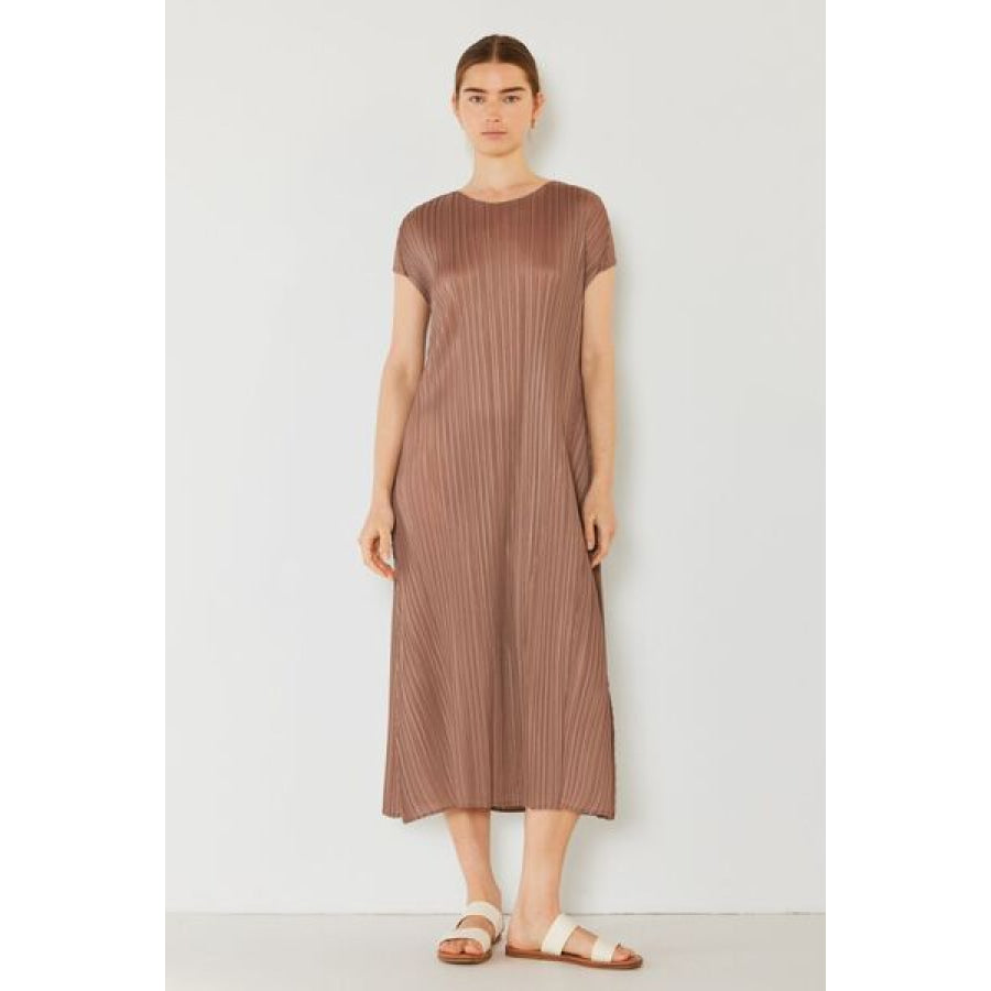 Marina West Swim Pleated Cap Sleeve A - Line Dress Gray Brown / S/M Apparel and Accessories