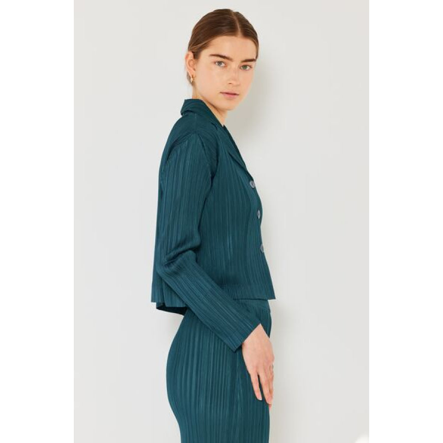 Marina West Swim Pleated Cropped Button Up Shirt Deep Green / S/M Apparel and Accessories